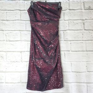 David Meister Cocktail Dress sequin strapless short Womens Size 4 black maroon